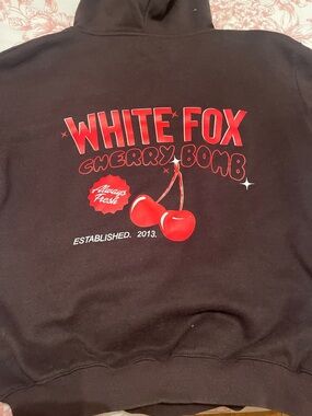 White Fox Boutique Black Hoodie with Red Cherry Graphic